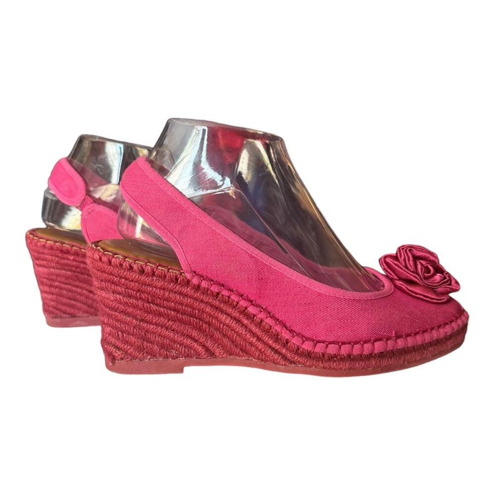 Libby Edelman Curtsy Pink Denim Rosette Wedge peep toe Espadrille size 8.5 - Picture 13 of 16